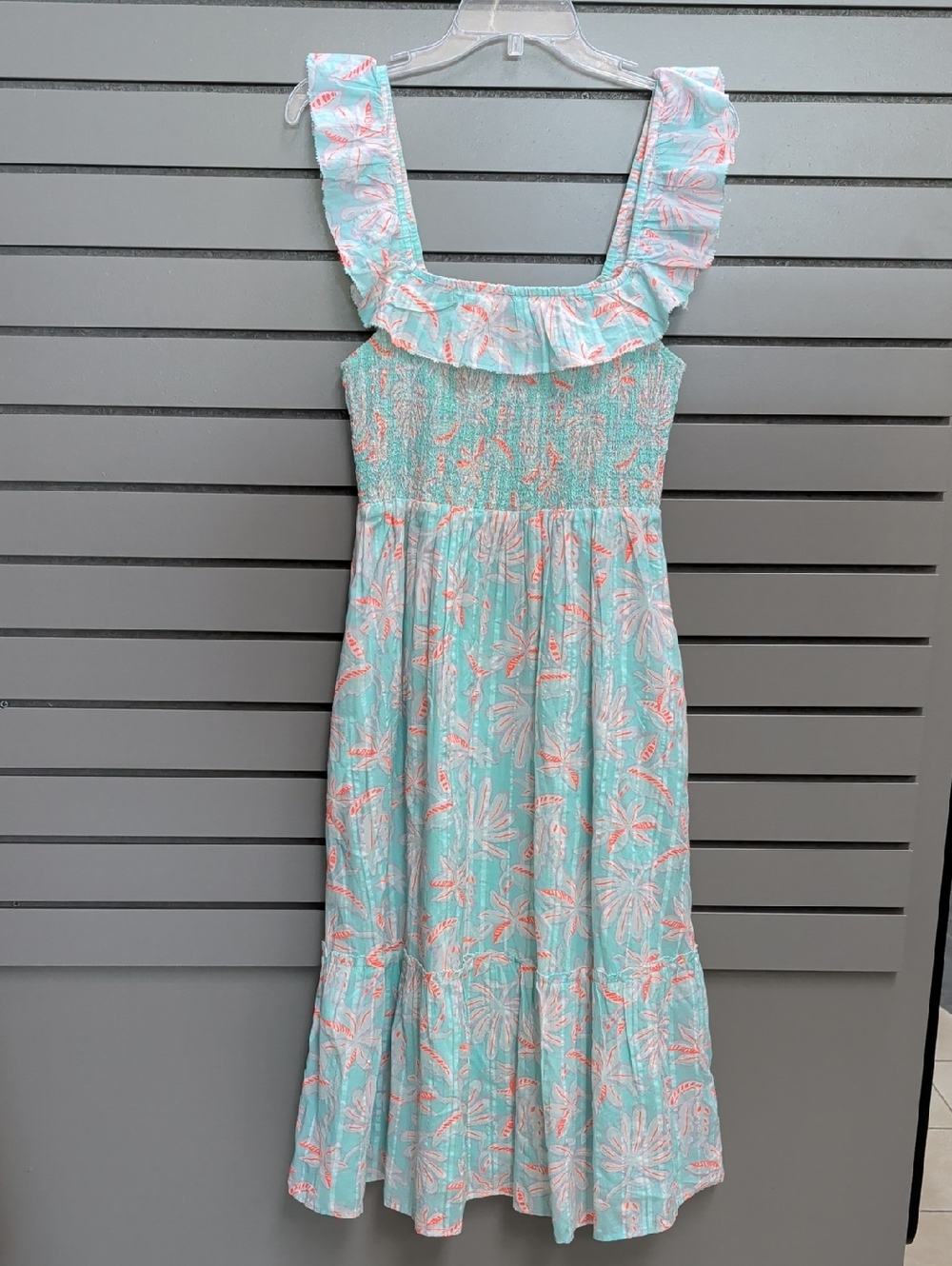 Vineyard Vines Aqua and Coral Floral Ruffle Midi Dress